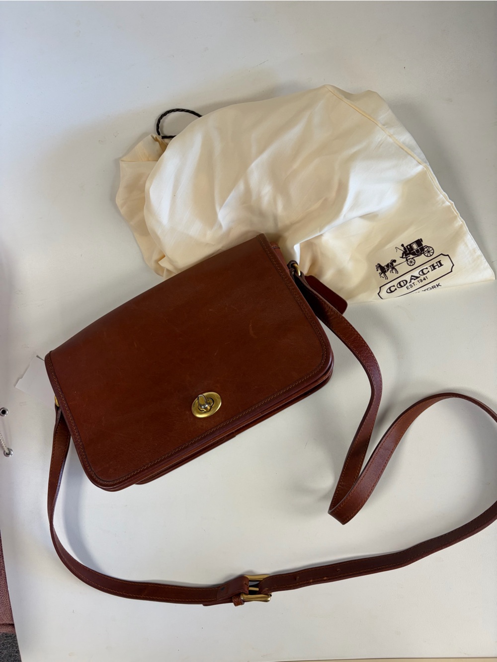 Vintage Coach Brown Leather Crossbody with Brass Turn lock and hardware